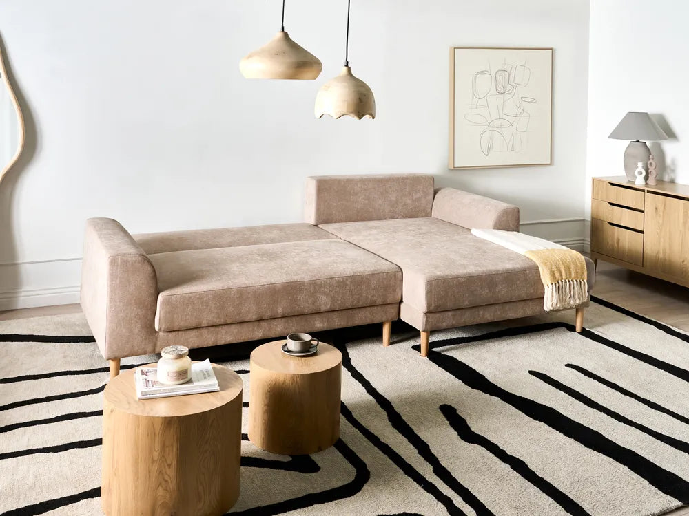 Corner Sofa Bed 3 Seater Chenille Light Brown Left Hand Keshvi