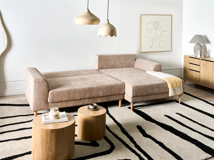 Corner Sofa Bed 3 Seater Chenille Light Brown Left Hand Keshvi
