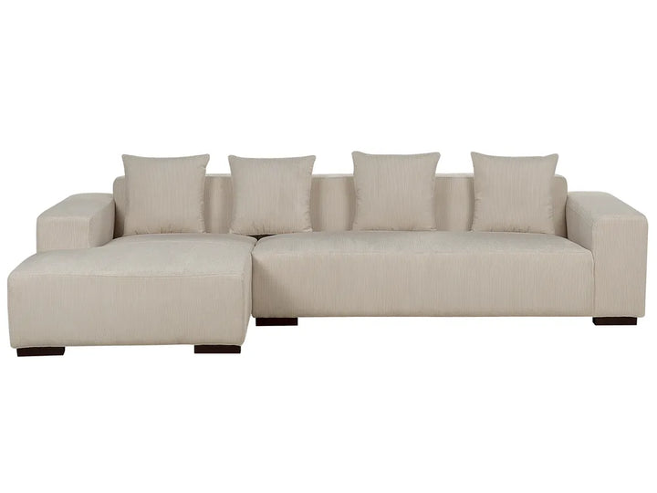 Right-hand beige jumbo cord corner sofa with wide chaise and ribbed upholstery