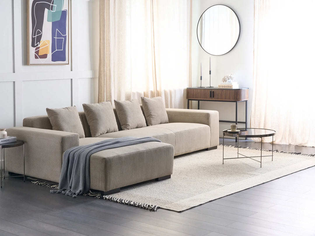 Modern right-hand corner sofa in beige corduroy with deep cushions and textured finish
