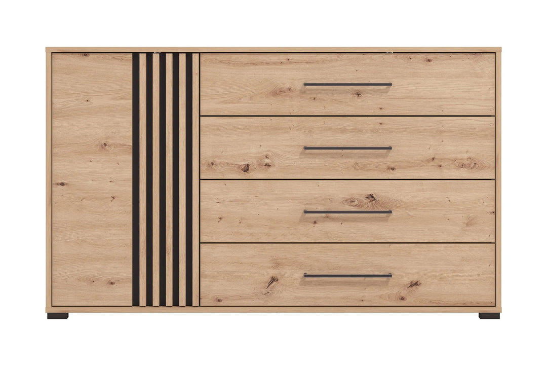 Wooden dresser with four drawers and black stripe design on a white background
