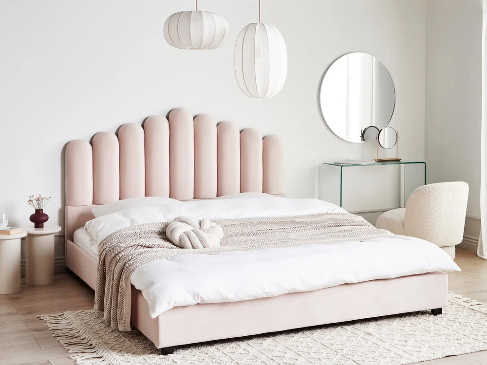Pink velvet waterbed with upholstered wooden frame