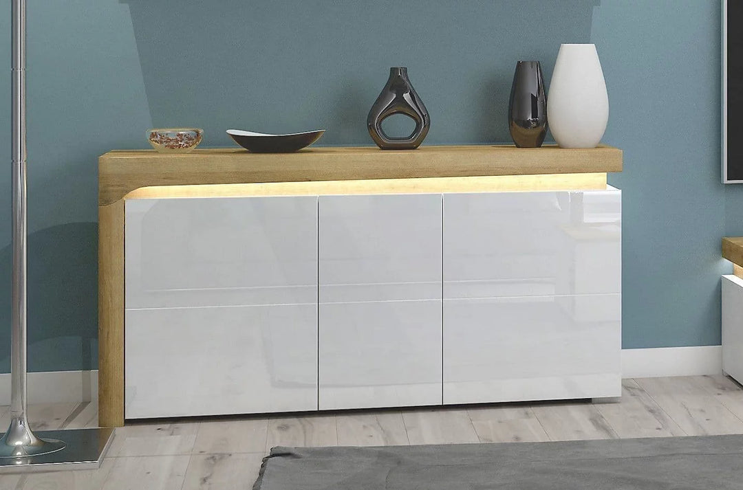 Oak effect and white gloss 3 door sideboard with LED lights
