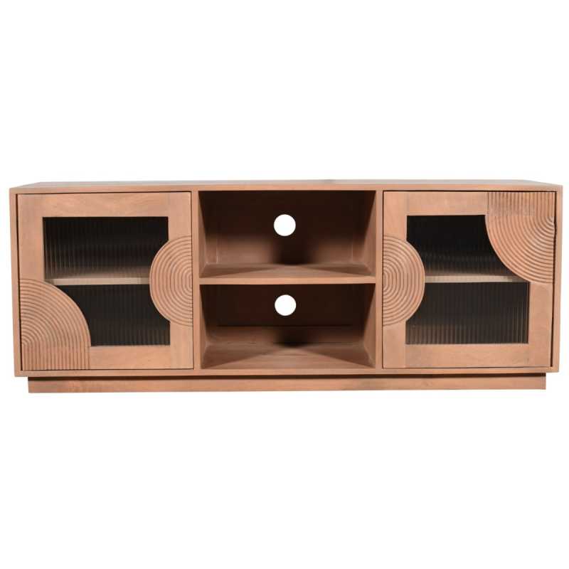 Wooden entertainment console with decorative cutouts on a white background