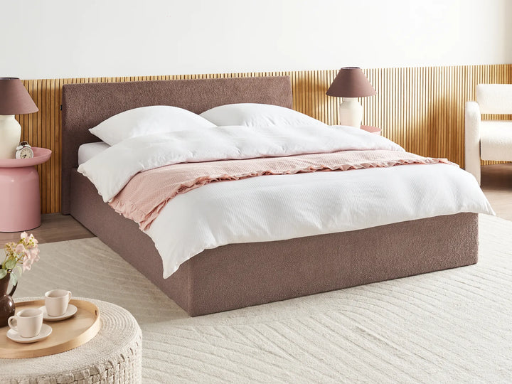 Modern brown upholstered bed with storage and headboard