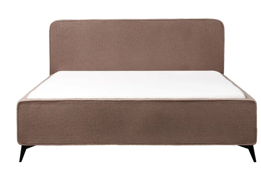 Brown upholstered bed with white mattress on a white background