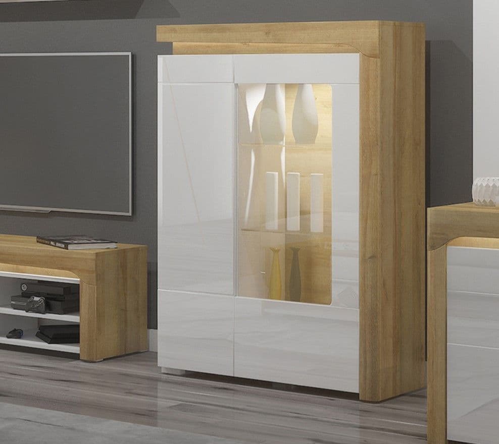 Wooden cabinet with glass panels in a room setting