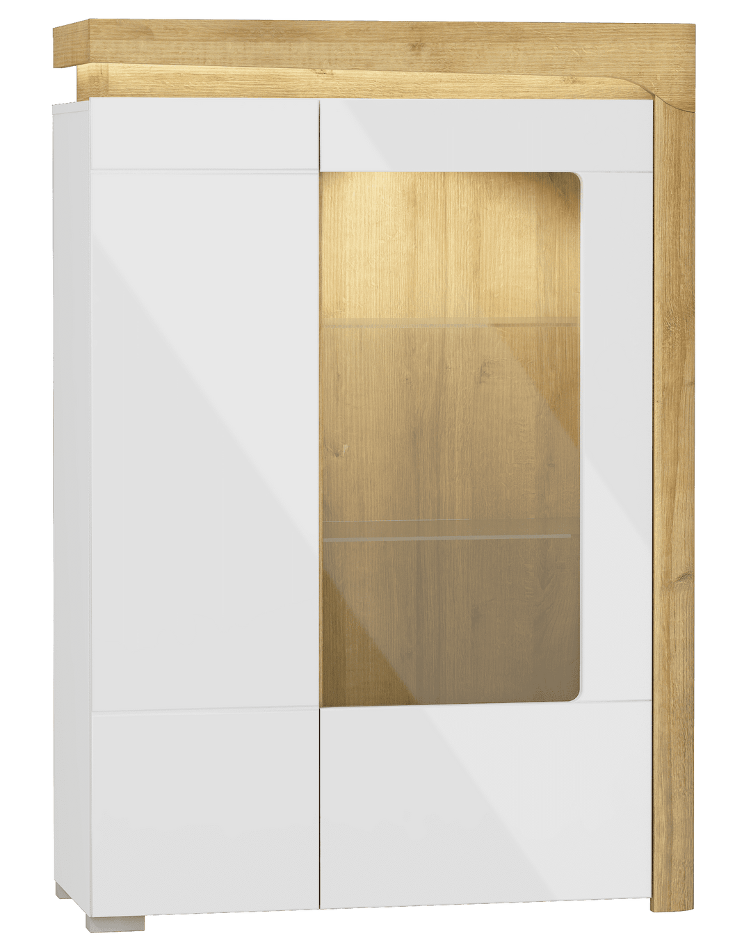 White cabinet with wooden top and sides 