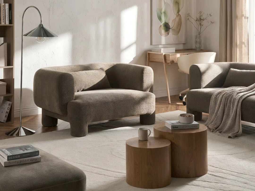 Contemporary brown fabric 2 seater sofa with curved design for living room seating