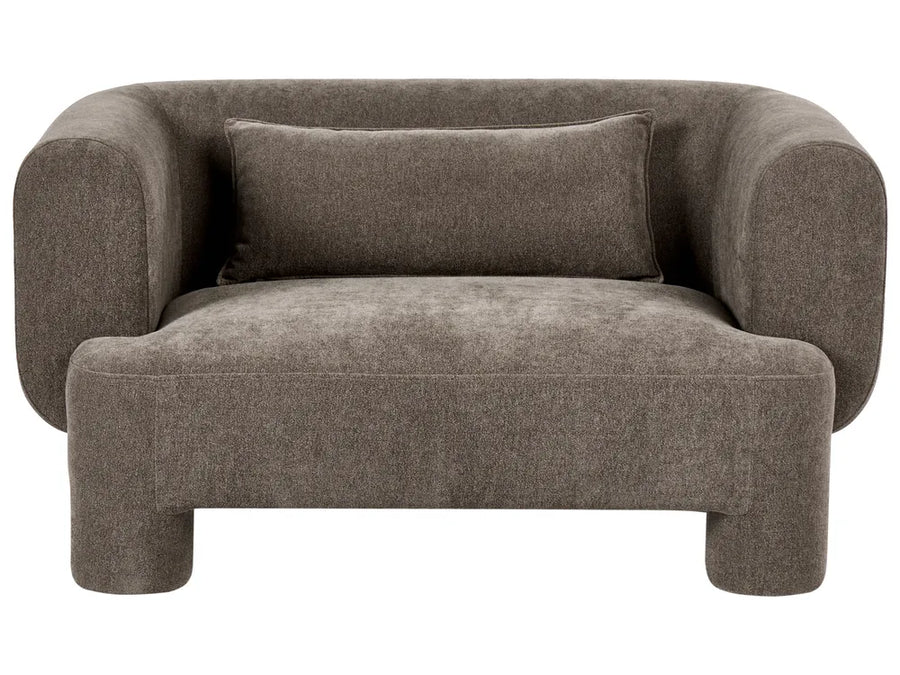 Modern 2 seater sofa in brown fabric with rounded shape and soft upholstered seat