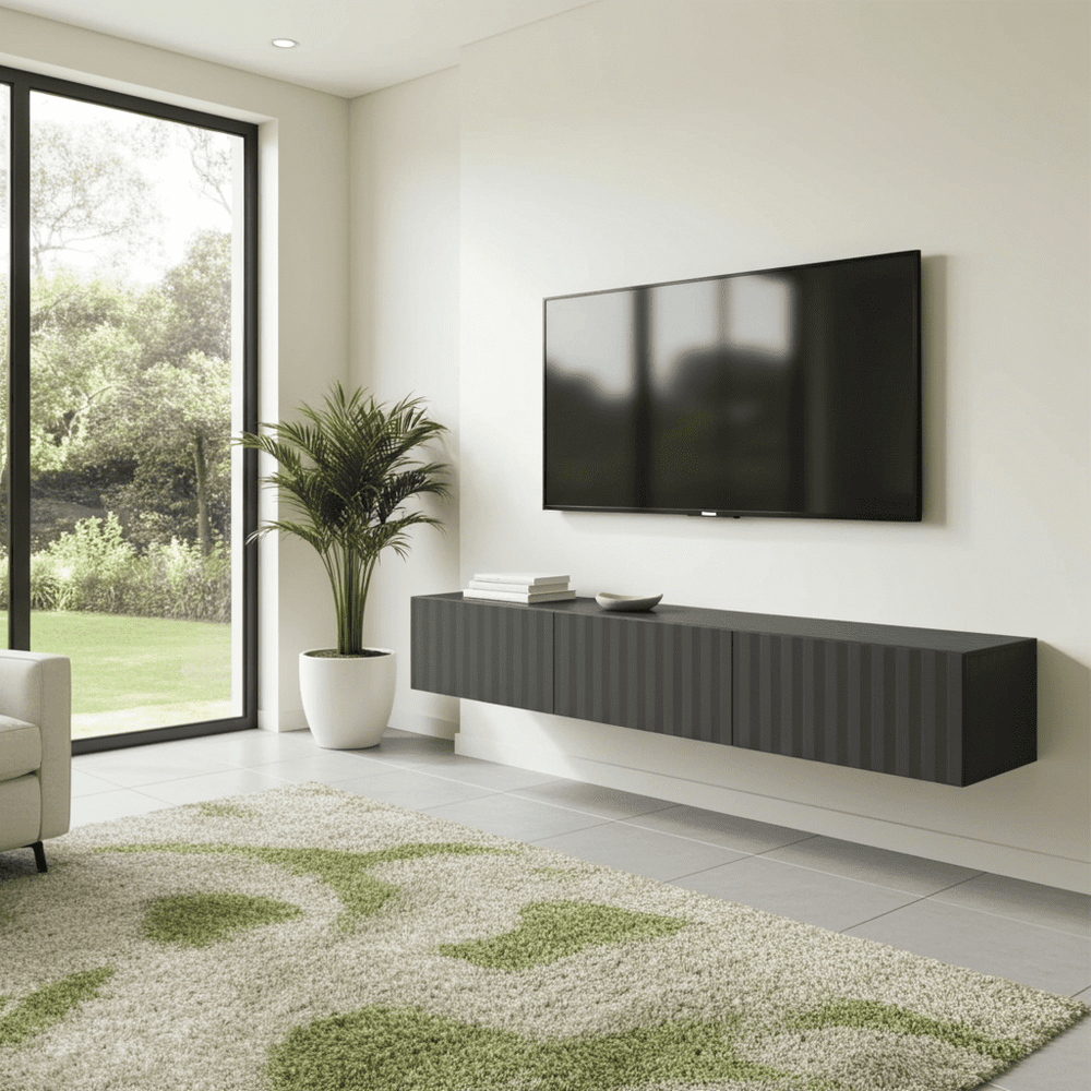 Modern living room with a TV mounted on the wall, a console table, and a large window.
