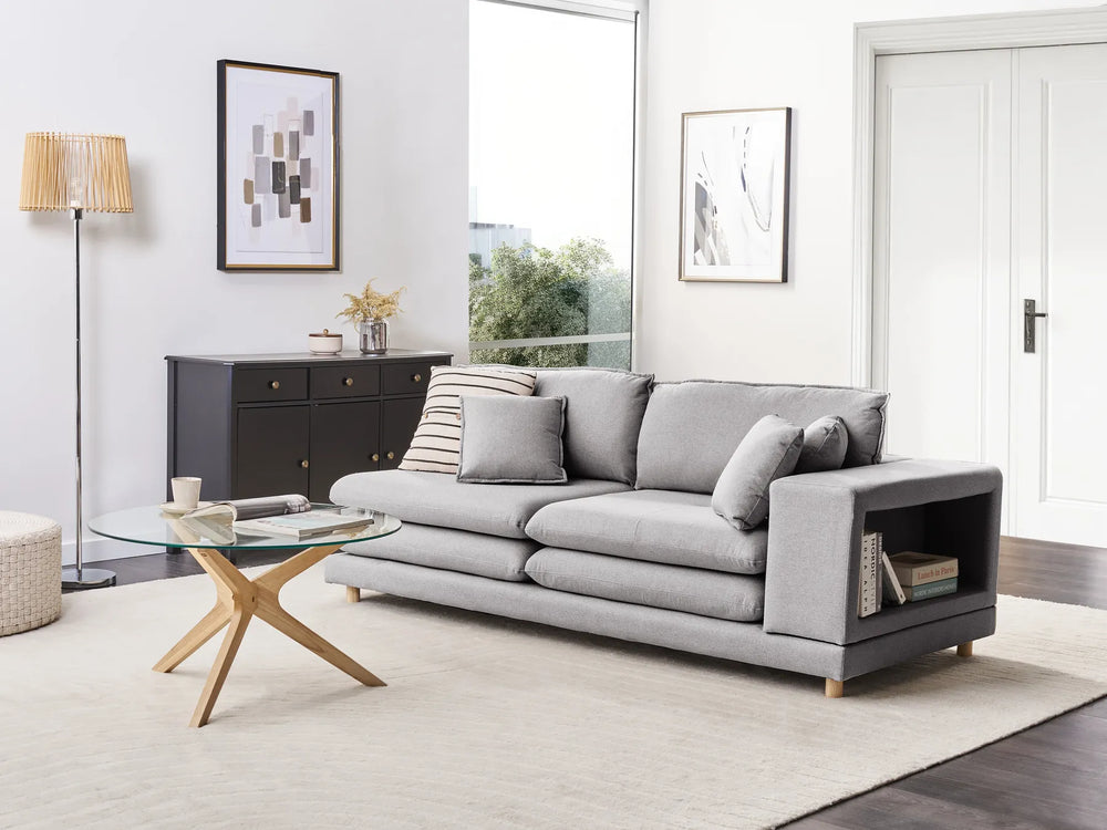 2 seater grey sofa with storage armrest and modern design