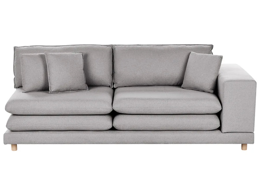 grey fabric 2 seater sofa with cushions and wooden frame