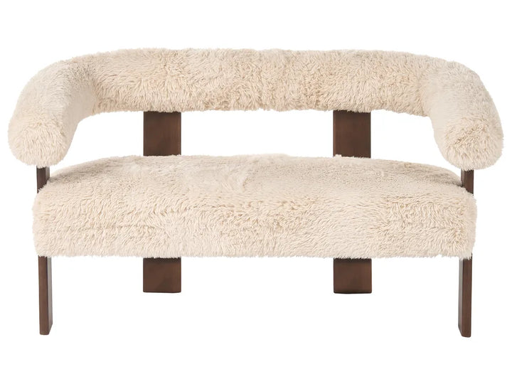 Beige furry bench with wooden legs on a white background