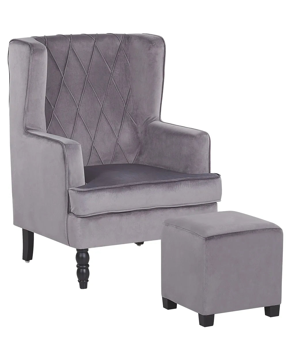 Gray velvet armchair with matching ottoman on a white background