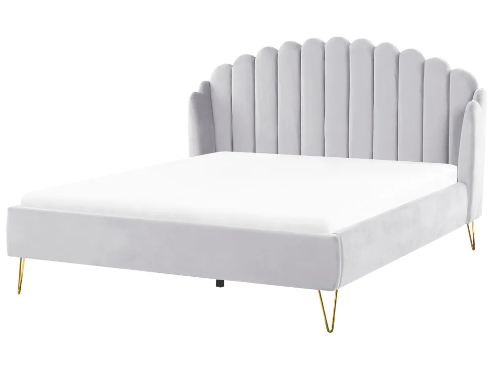 Grey velvet super king bed with tufted headboard