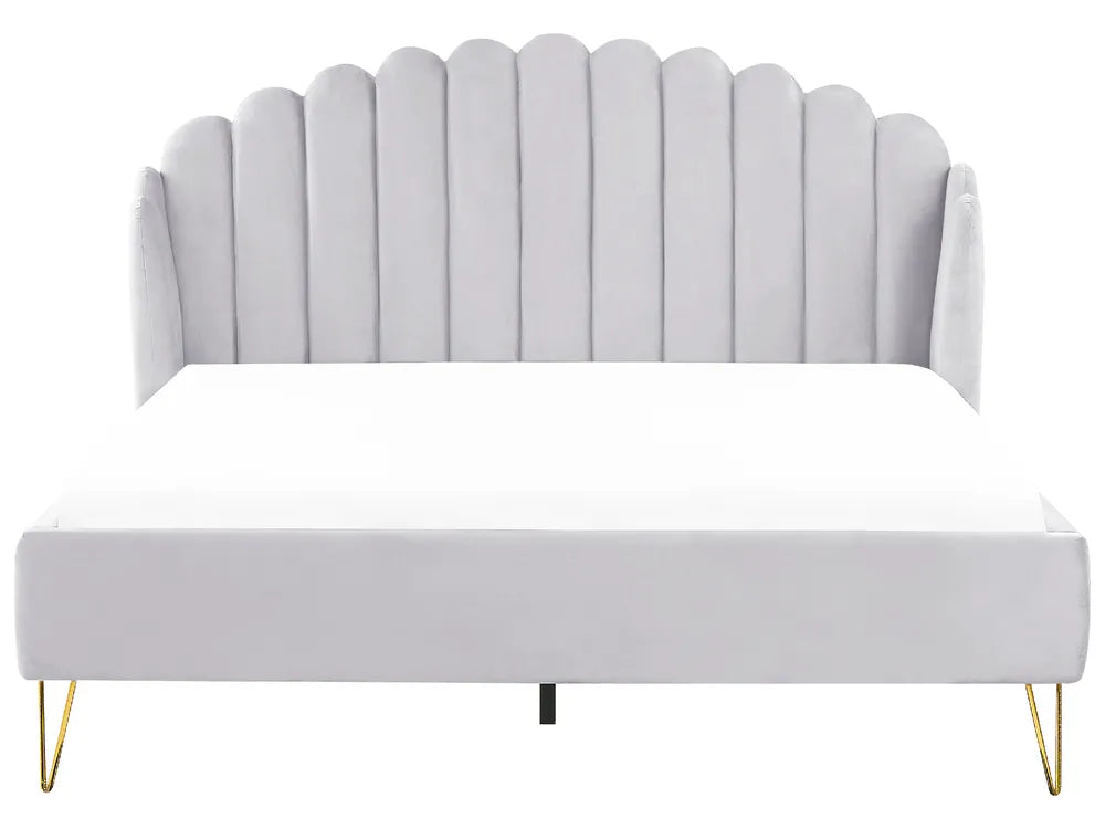 Grey velvet super king bed with tufted headboard