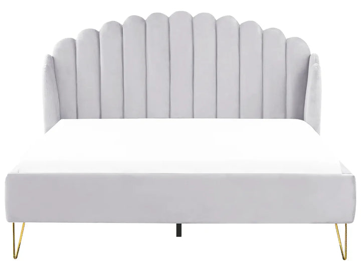 Grey velvet super king bed with tufted headboard