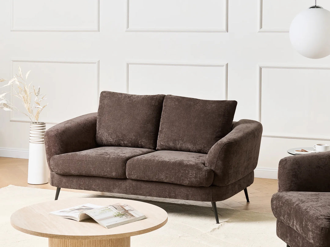 2 seater dark brown sofa with soft chenille upholstery