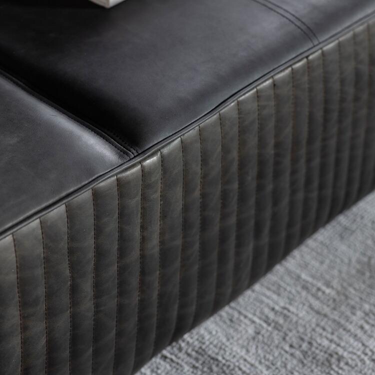 Barham Buffalo Leather Ottoman Slab / Coffee Table with Ribbed Stitch Detailing in Black Leather