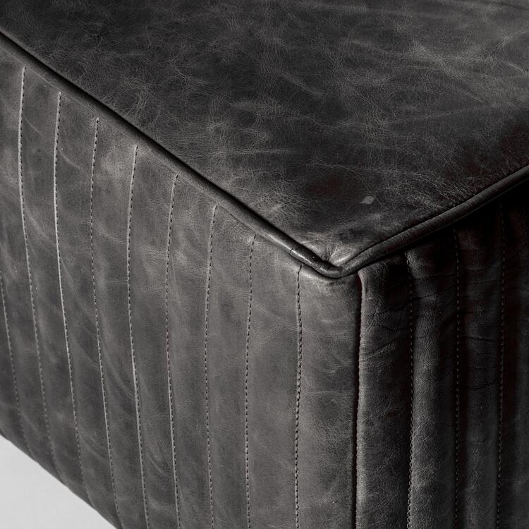 Barham Buffalo Leather Ottoman Slab / Coffee Table with Ribbed Stitch Detailing in Black Leather