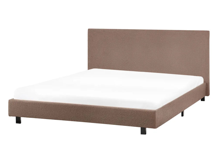 Brown boucle double bed with wide padded headboard