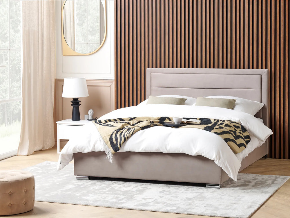 Taupe velvet ottoman bed with storage base