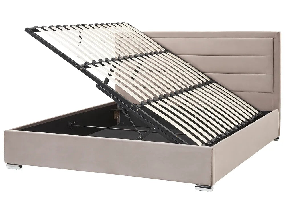 Upholstered taupe velvet storage bed frame