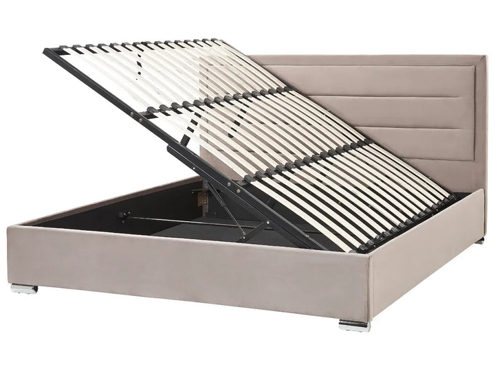 Upholstered taupe velvet storage bed frame