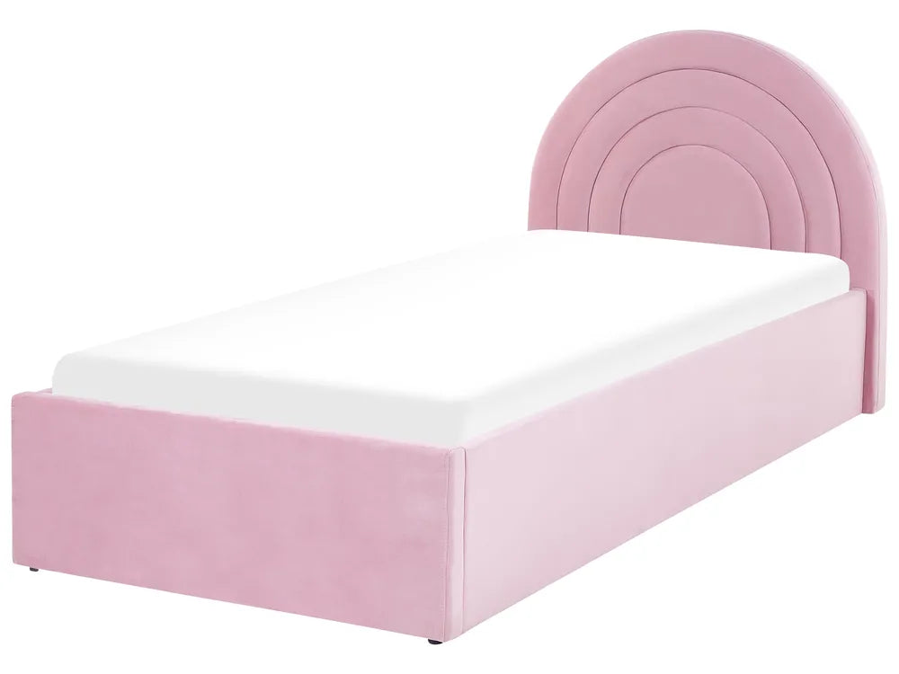 Pink bed with white mattress on a white background