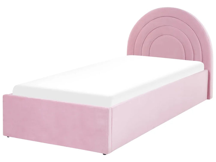 Pink bed with white mattress on a white background