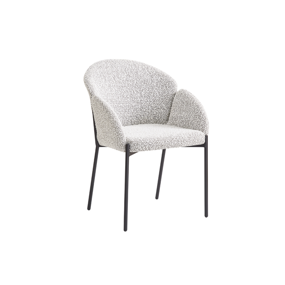 Modern chair with textured gray cushion and black metal legs on a white background