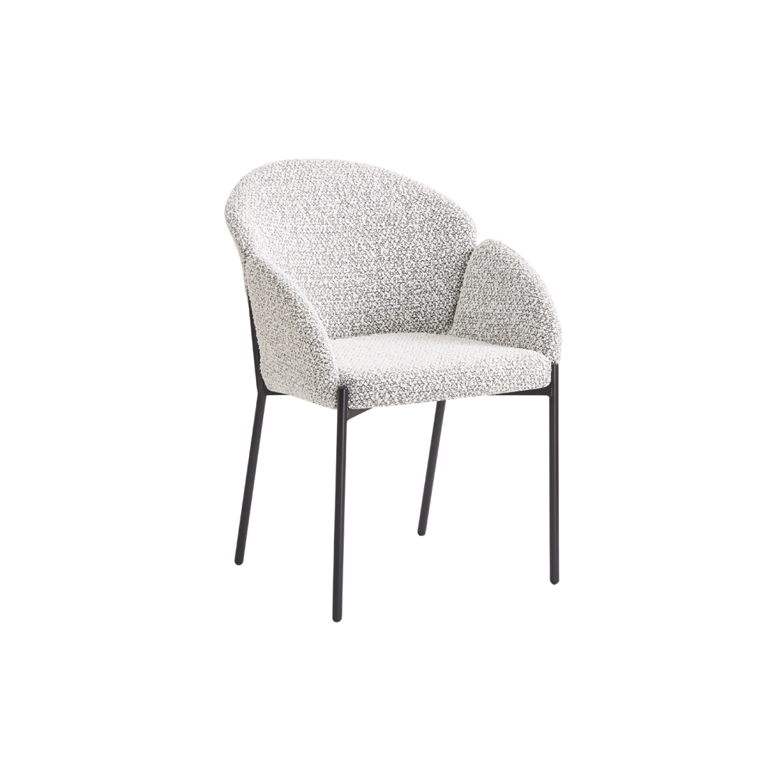 Modern chair with textured gray cushion and black metal legs on a white background