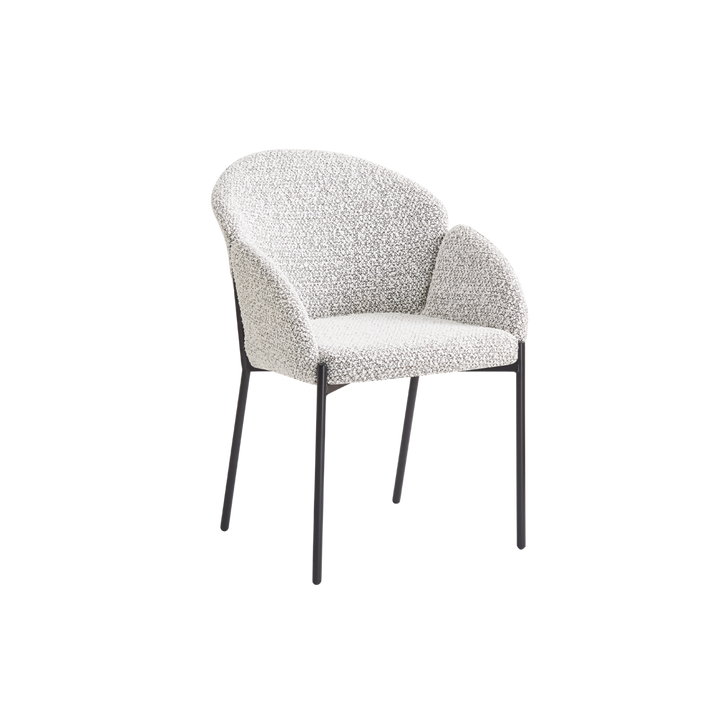Modern chair with textured gray cushion and black metal legs on a white background