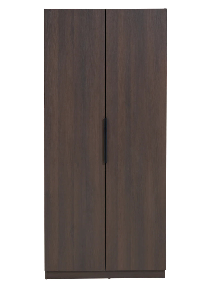 Dark wooden wardrobe with two doors on a white background
