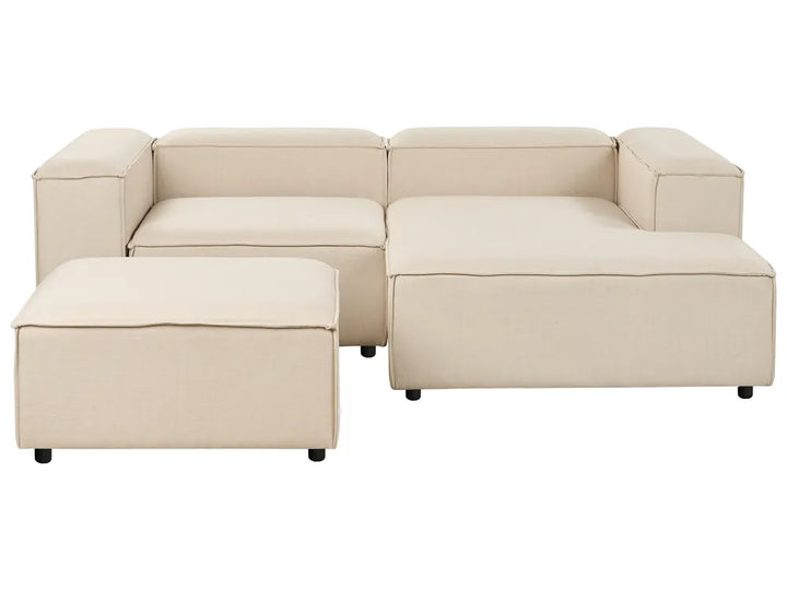 3-seater beige L-shaped fabric sofa with chaise and ottoman, soft upholstery and minimalist design