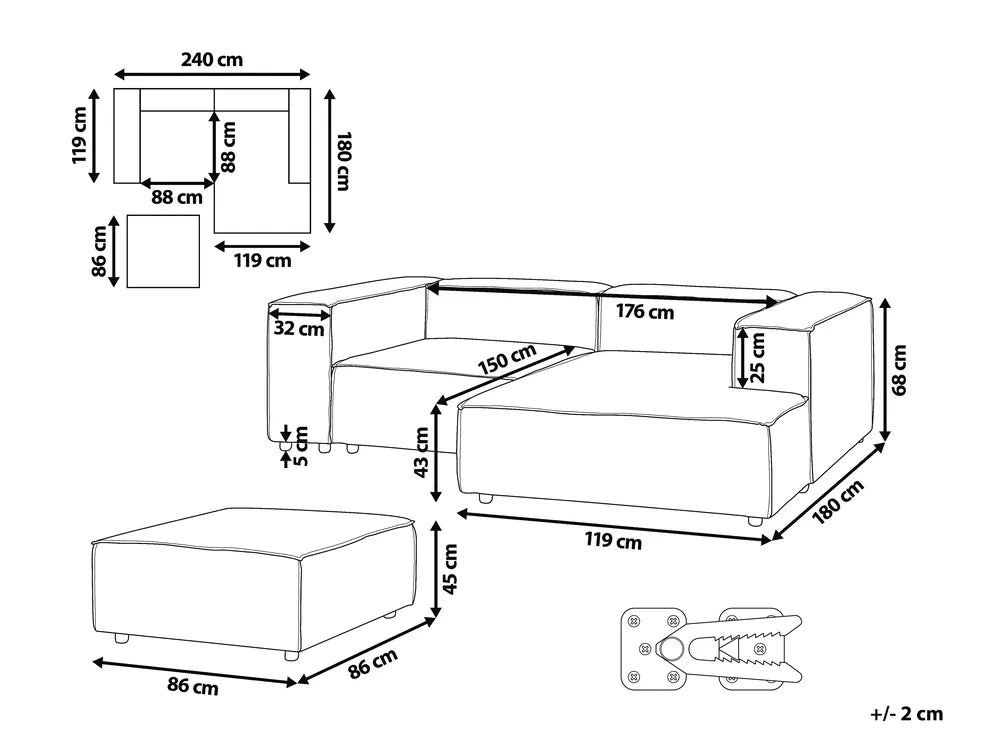 Modular Corner Sofa 3 Seater Fabric Beige with Ottoman Left Hand Oakham