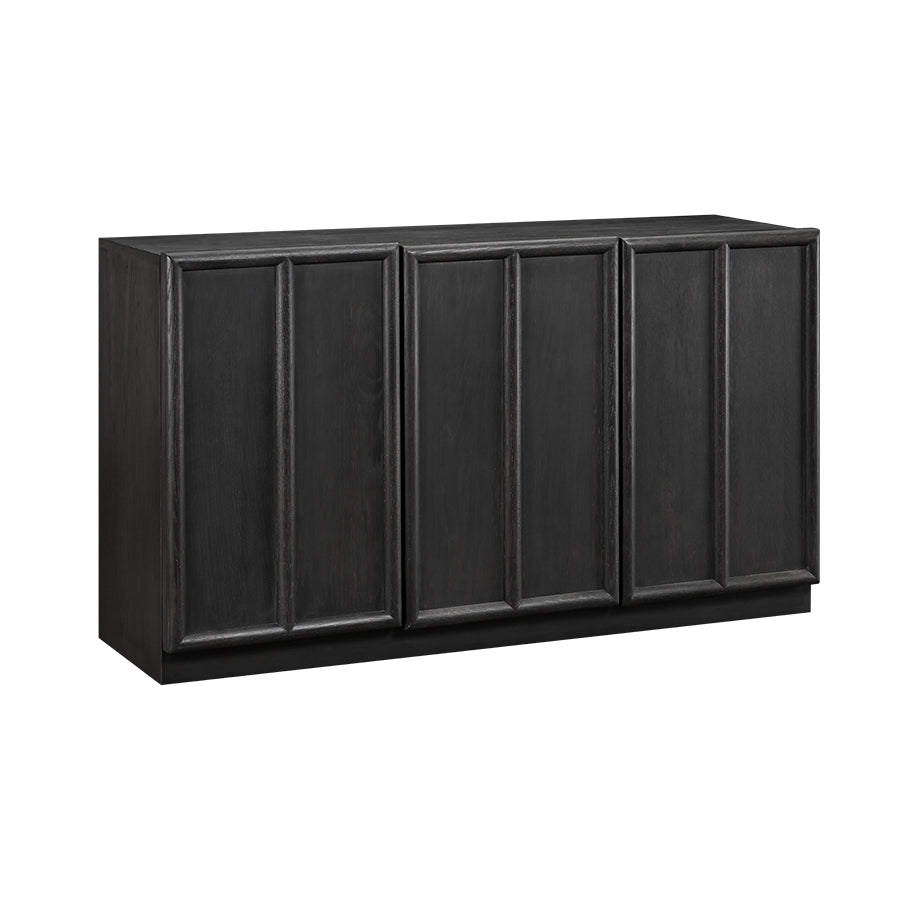 Black rectangular cabinet with four doors on a white background