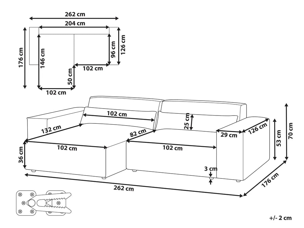Modular Corner Sofa 2 Seater Fabric Grey Right Hand Bouke