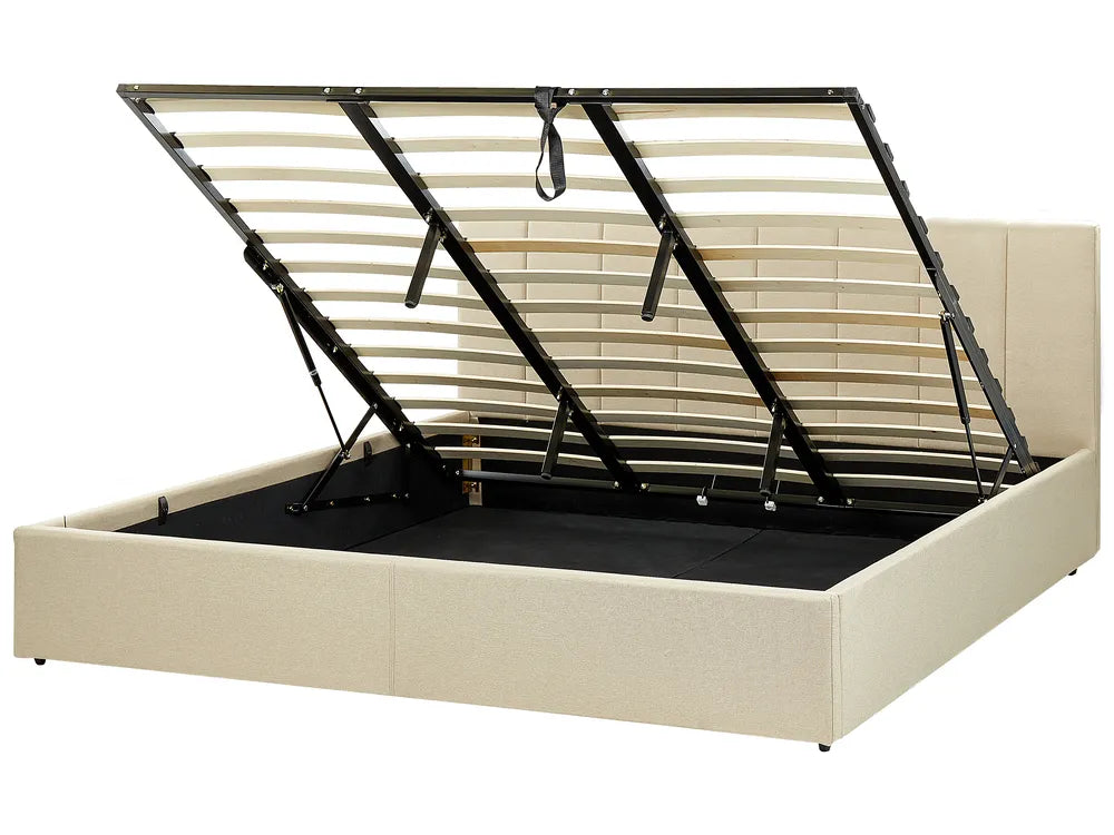 Beige bed frame with storage compartment on a white background