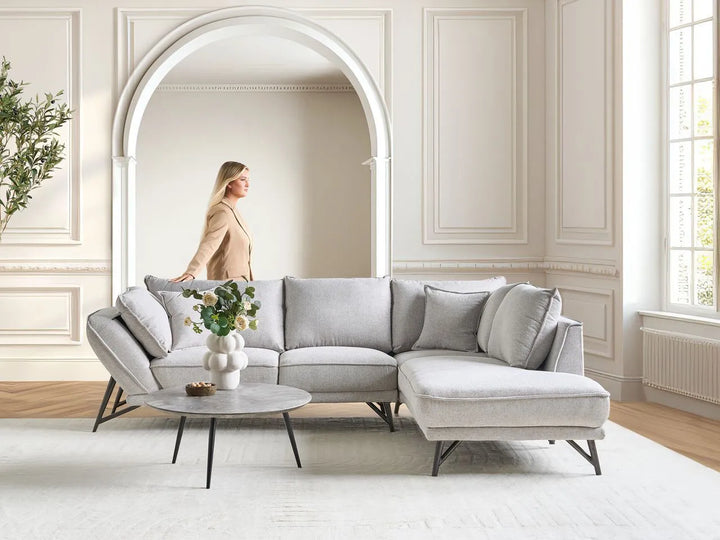 Left hand light grey linen corner sofa modern design
