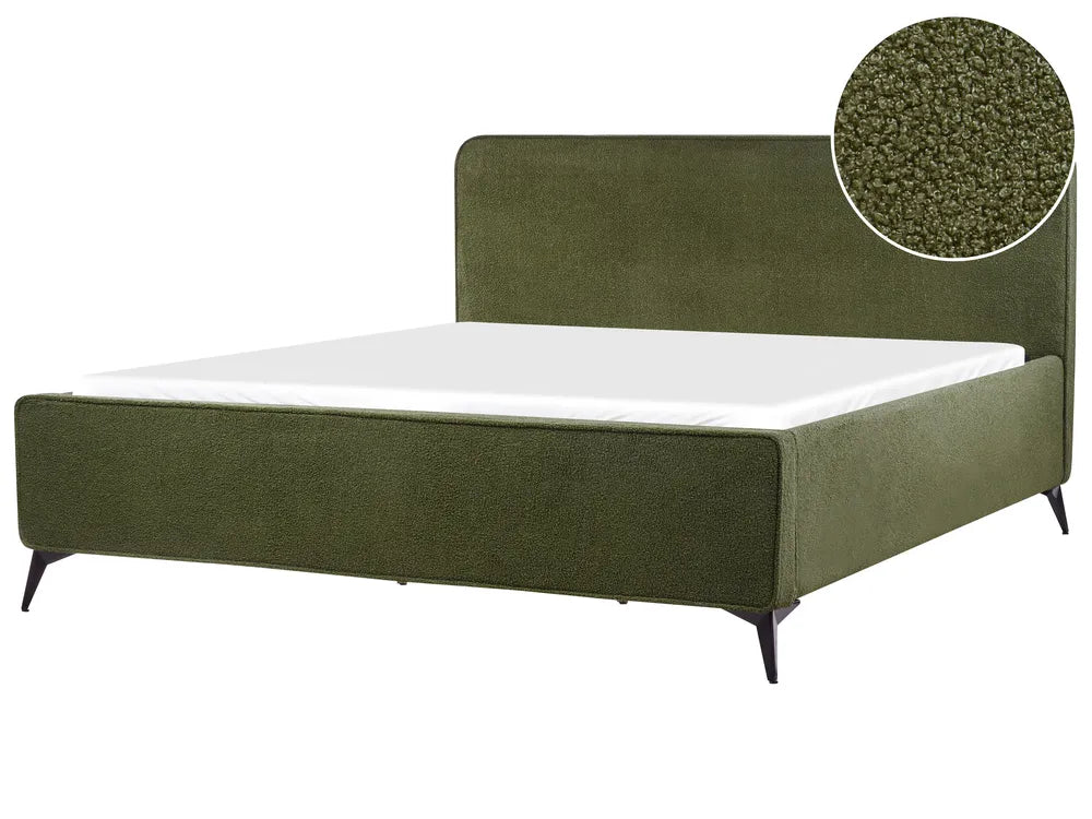 Green upholstered bed with a close-up of the fabric texture on a white background