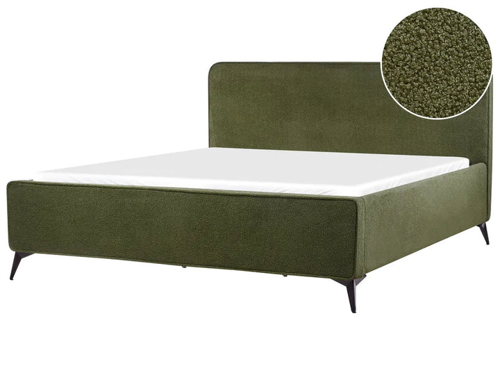 Green upholstered bed with a close-up of the fabric texture on a white background