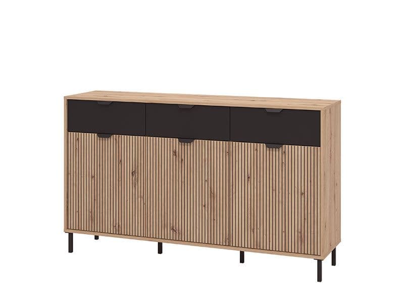 Wooden sideboard with black accents on a white background