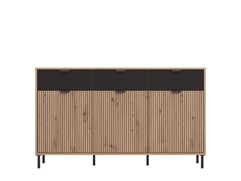 Wooden sideboard with black top section on a white background