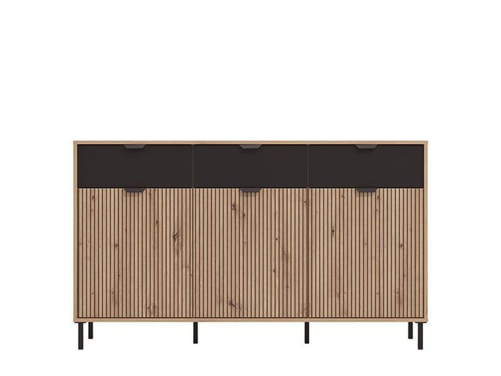 Wooden sideboard with black top section on a white background