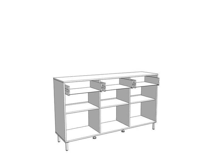 Line drawing of a metal shelving unit on a white background