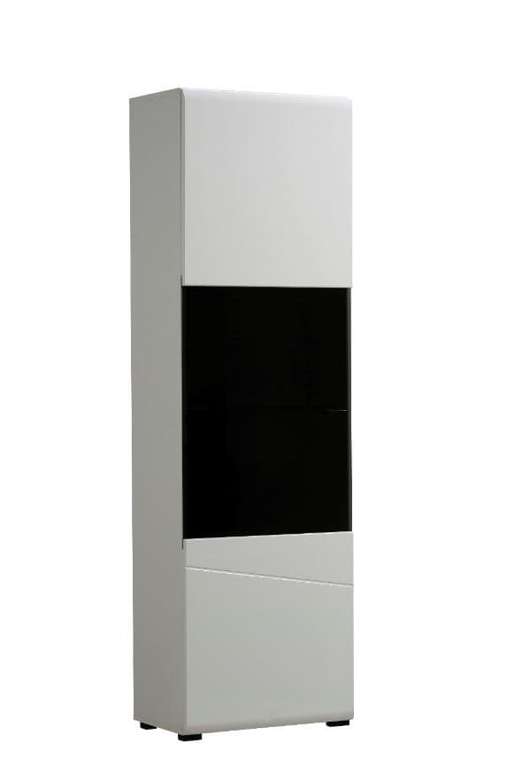 Tall white cabinet with black glass panel on a white background