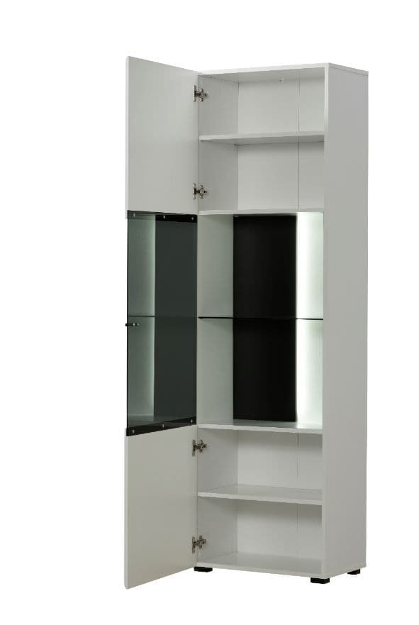 White cabinet with open doors on a white background