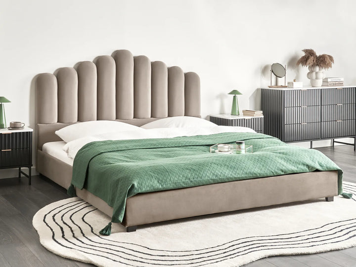 Taupe velvet waterbed with shell-style headboard